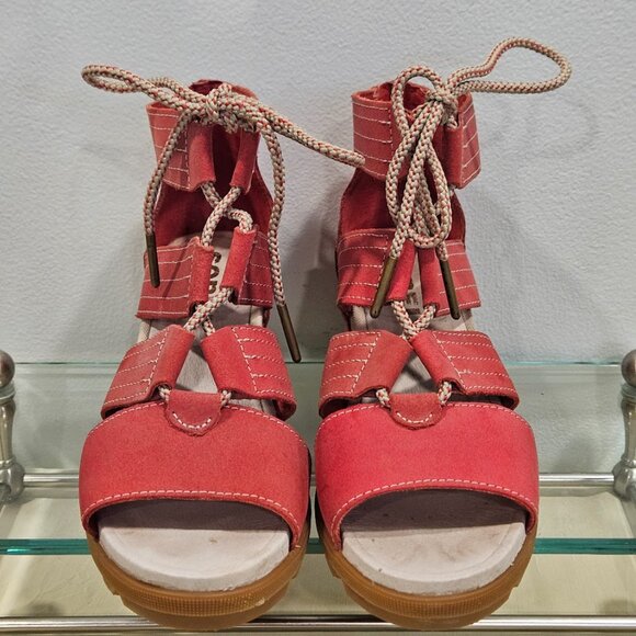 Sorel Joanie Red LL5347-602O pen Toe Cut Out Hi Wedge Heel Sandals Red Size 8.5 - Picture 3 of 14